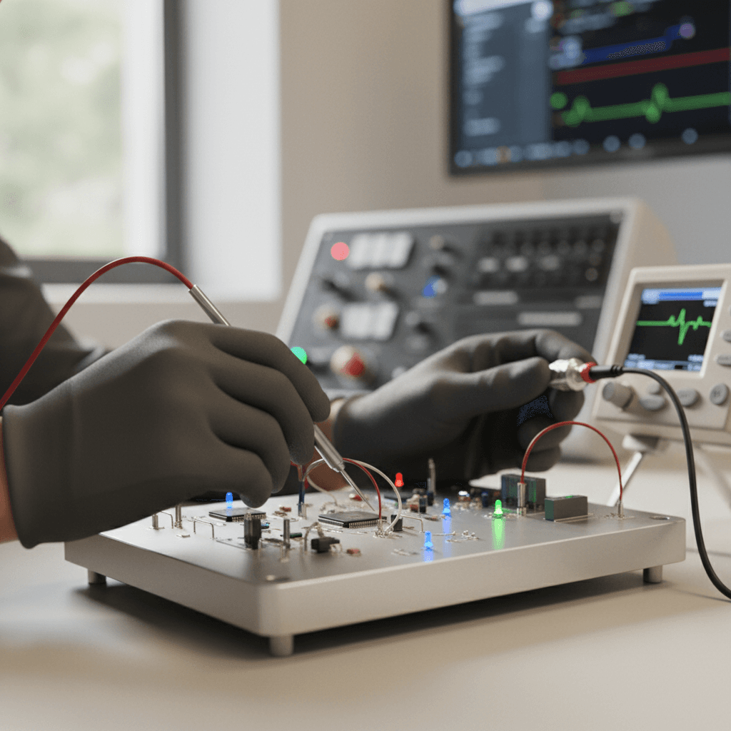 Engineer inspecting sensor unit in testing apparatus