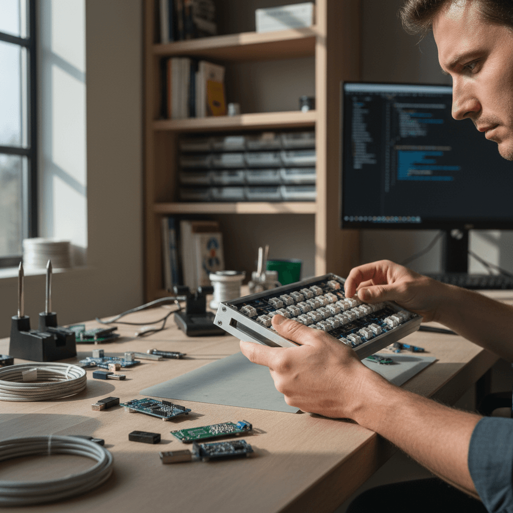 Technician inspecting sensor module for quality assurance